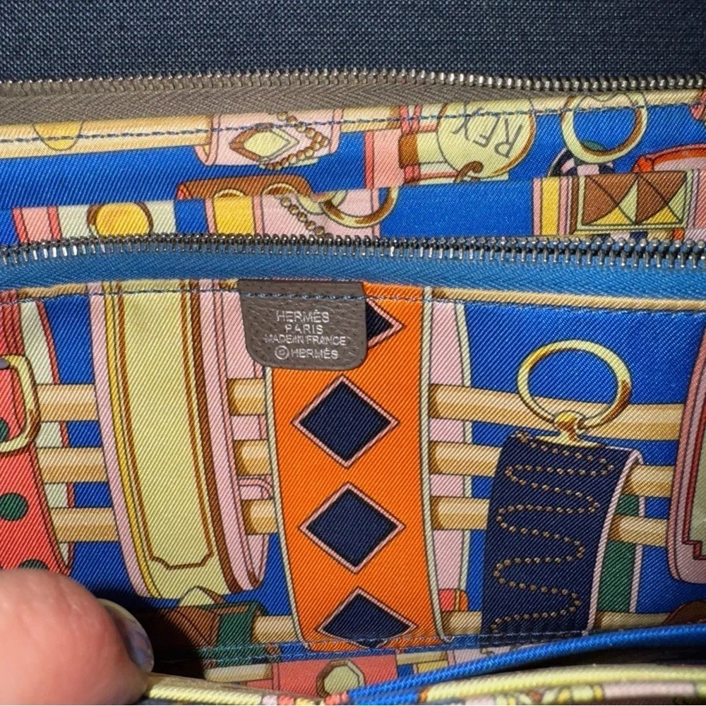 HERMES Azap Silk In Leather Zip Around Long Wallet Gray VINTAGE AUTHENTIC EUC